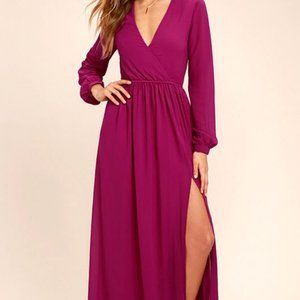 Lulus Wondrous Water Lilies Magenta Long Sleeve Maxi Dress